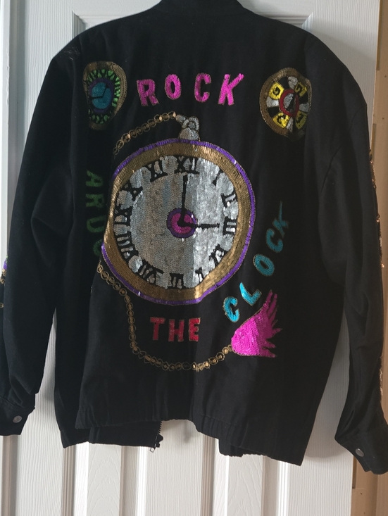 Modi Jackets & Blazers - Vintage Custom Black Sequin Bling Jewel Tone Oversized Denim Jacket  Sz 10/12/14
